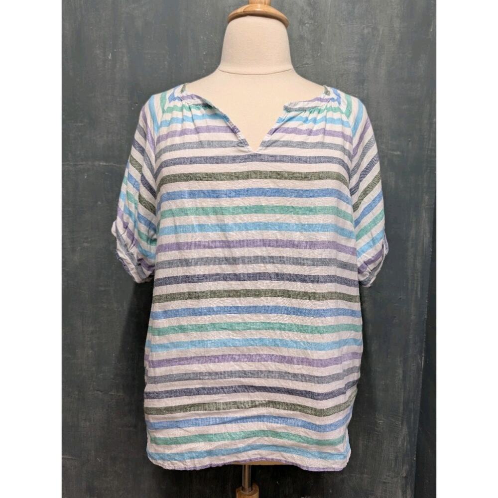 Talbots popover top XL 100% linen Elbow sleeve striped colorful beach coastal - Picture 2 of 9